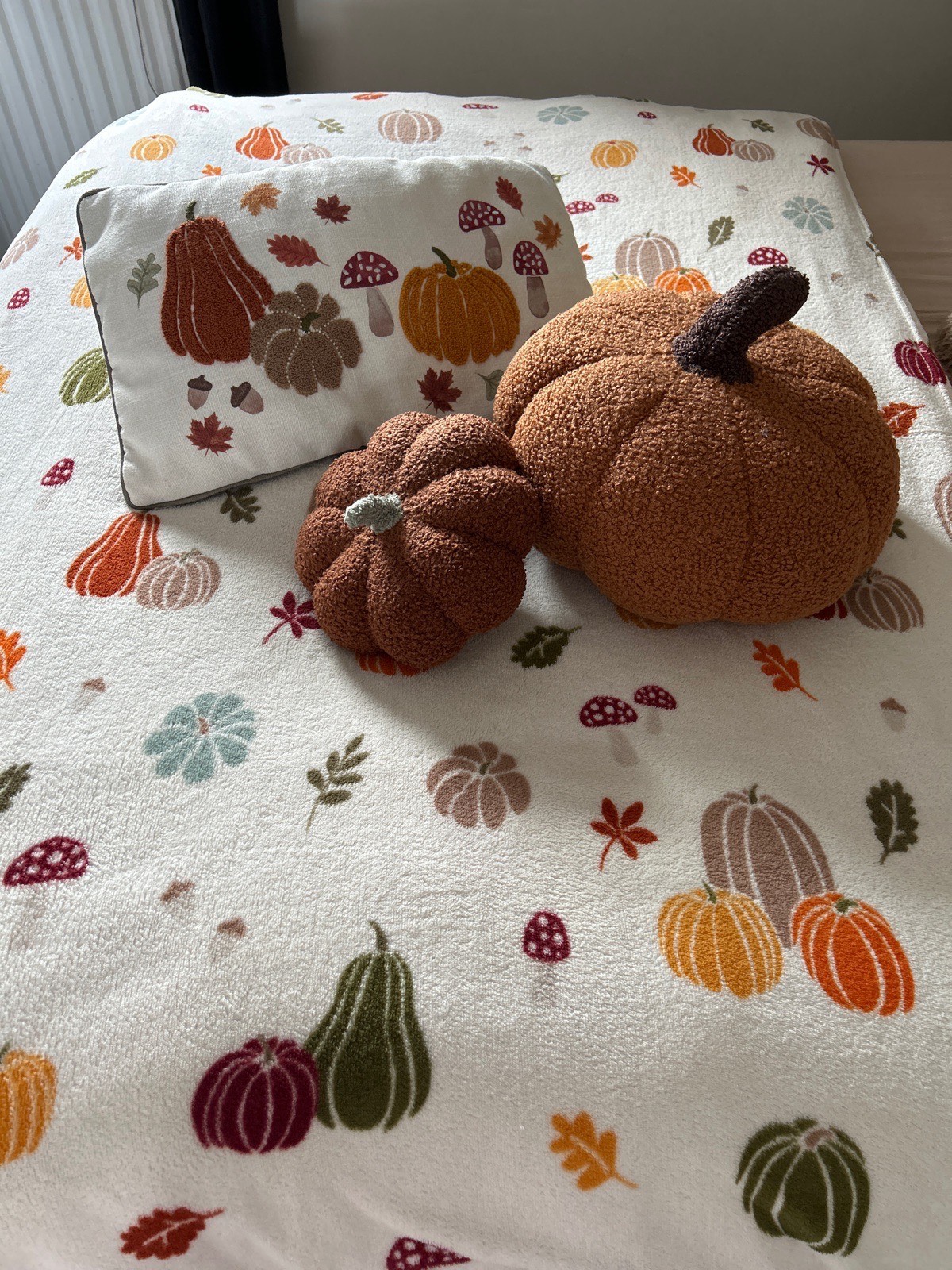 Autumnal Pumpkin Themed Pillow Fleece Blanket Cushions Bundle