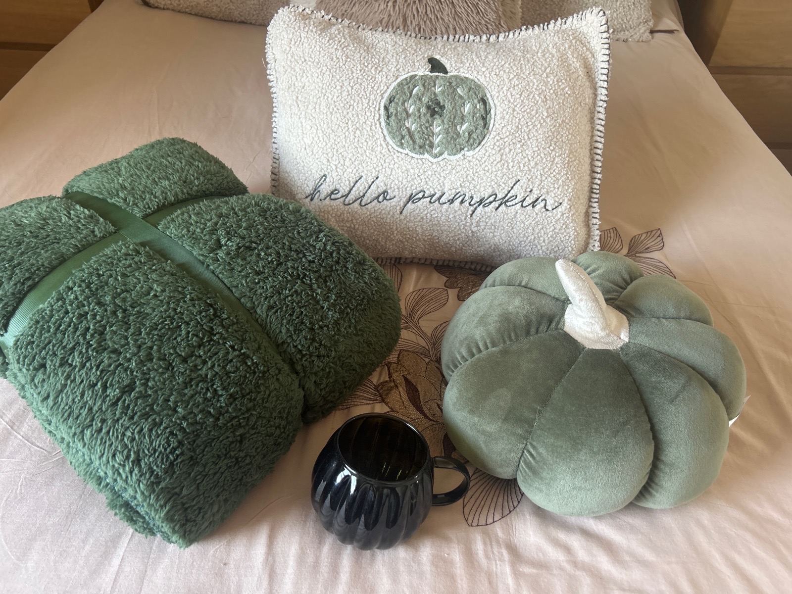 Autumnal Green Pumpkin Cushion Borg Pillow Fleece Blanket Glass Mug Bundle