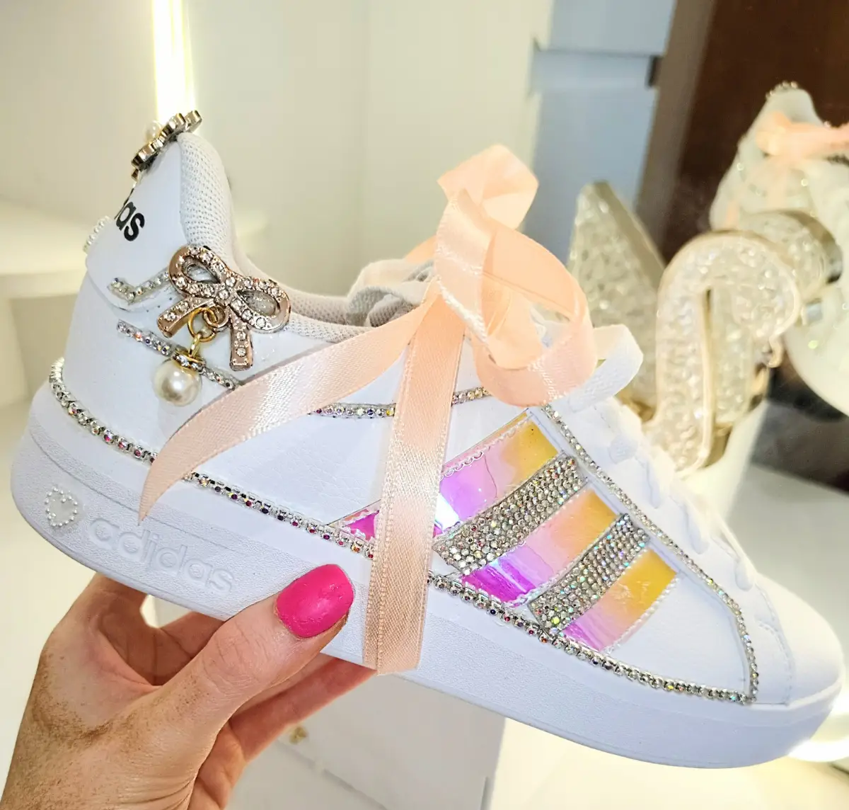 Adidas Grand Court CUSTOM RIBBON PINK RHINESTONE Trainers