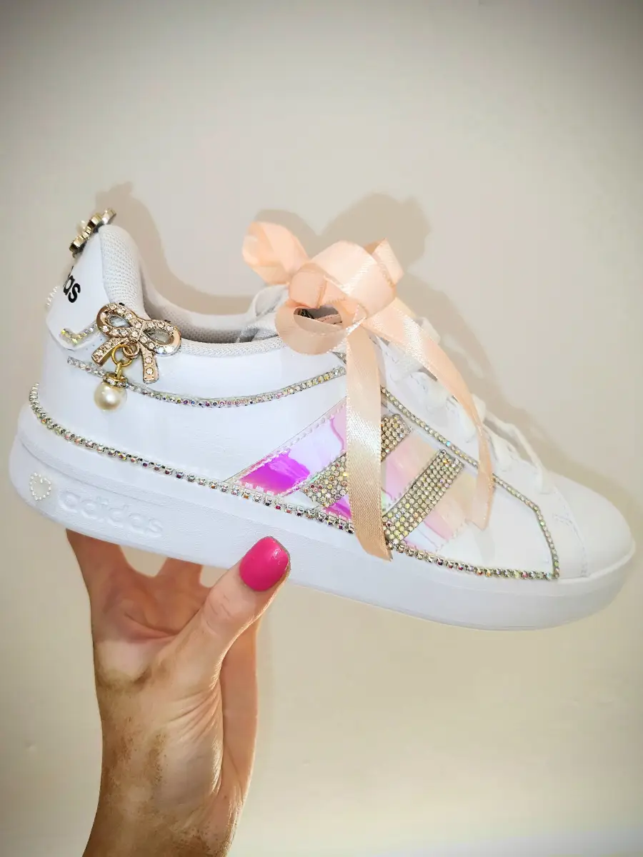 Adidas Trainers ** CUSTOM RIBBON ** PINK RHINESTONE Trainers