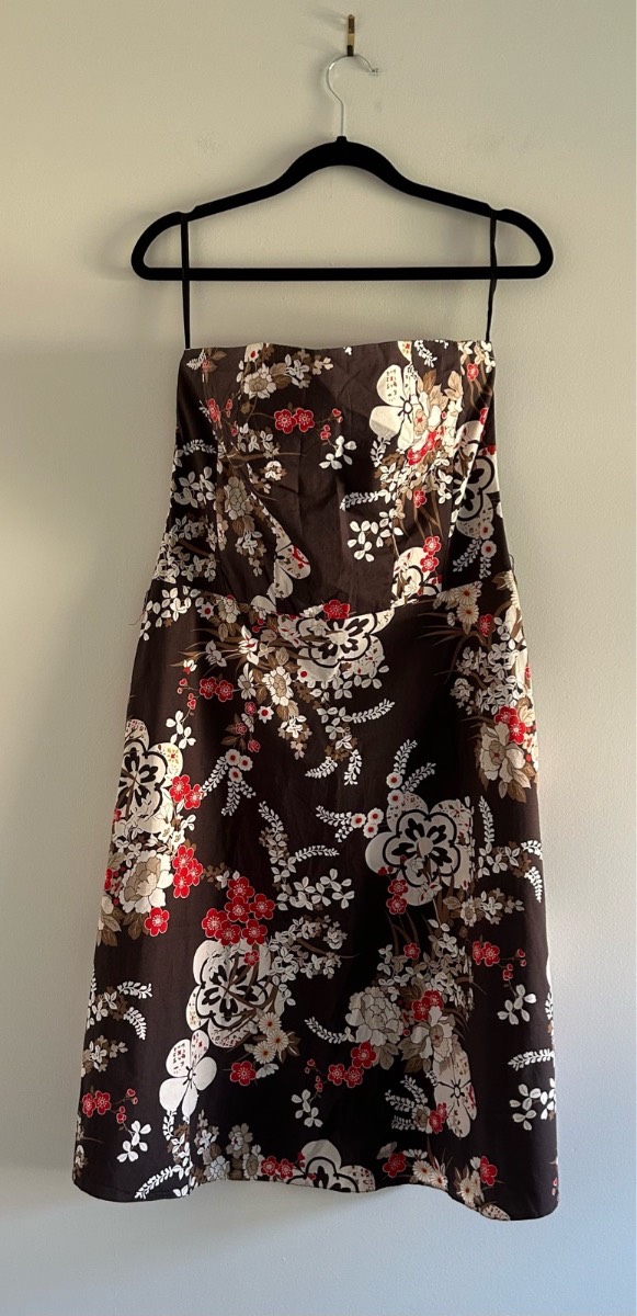 New Look Y2K Brown Floral Strapless Midi Dress c.2007-2009. Size 12 (approx. Label missing)