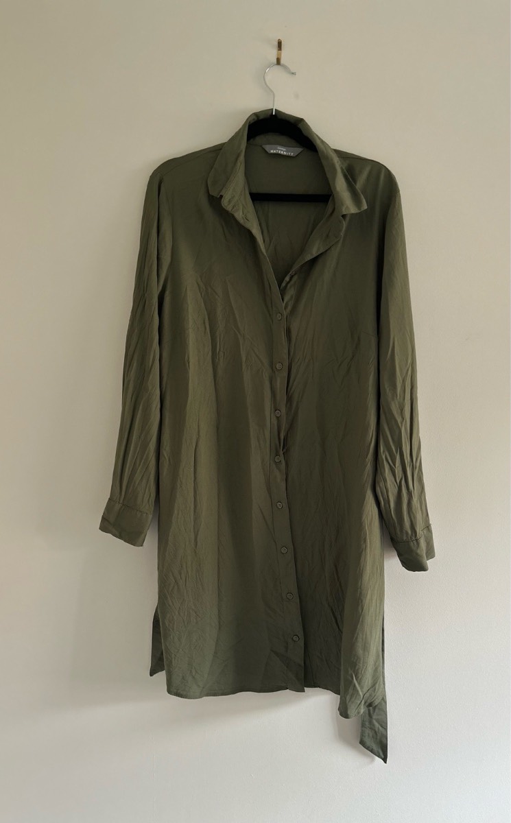 George Khaki Maternity Shirt Dress with Waist Tie UK 14