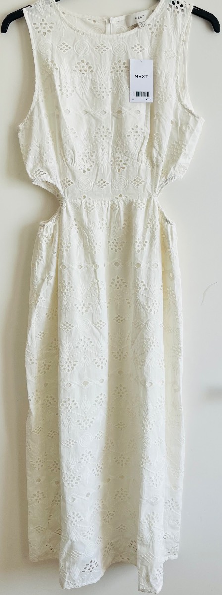 Next off white/pale cream 100% cotton broderie anglaise cut out waist maxi dress - Size 14