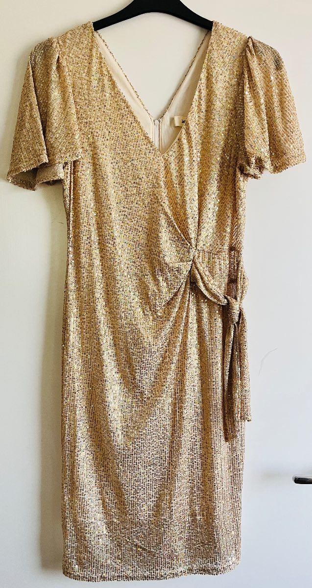 Jolie Moi pale gold holographic sequin tie side flutter sleeve midi dress - Size 14