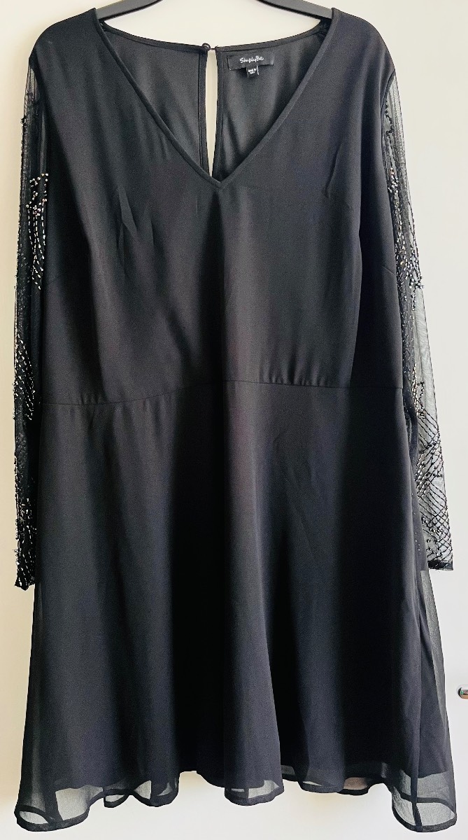 Simply Be black chiffon overlay skater/little black dress with bead embellished sleeves - Size UK 26