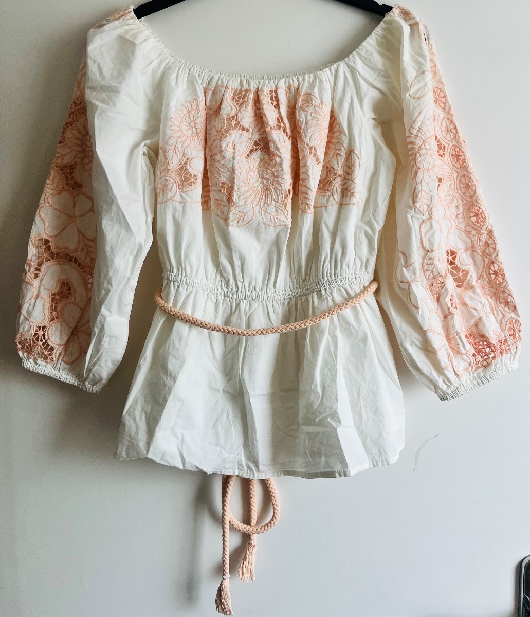River Island white/peach embroidered floral cut openwork long sleeve boho/prairie top - Size 14