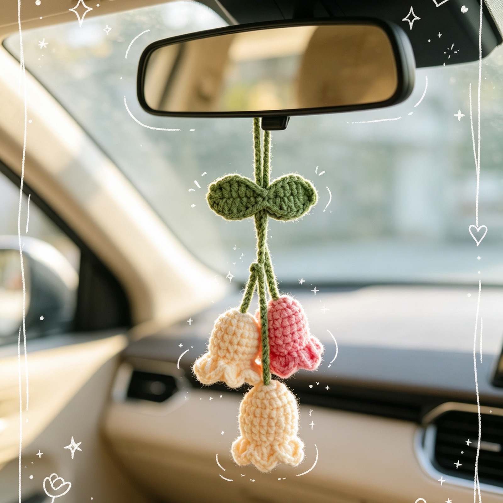 Crocheted Lily of the Valley Car Rear View Mirror Charm