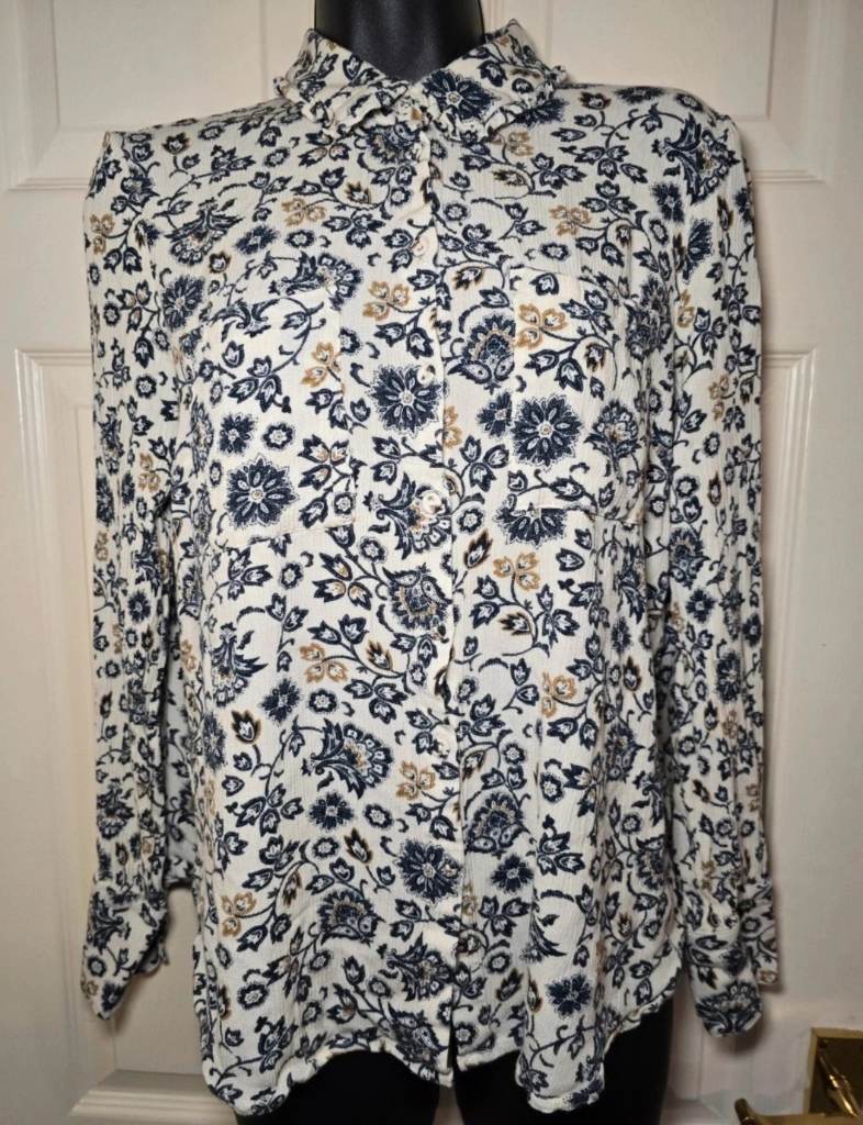 Next blouse. size 14. cream with blue pattern