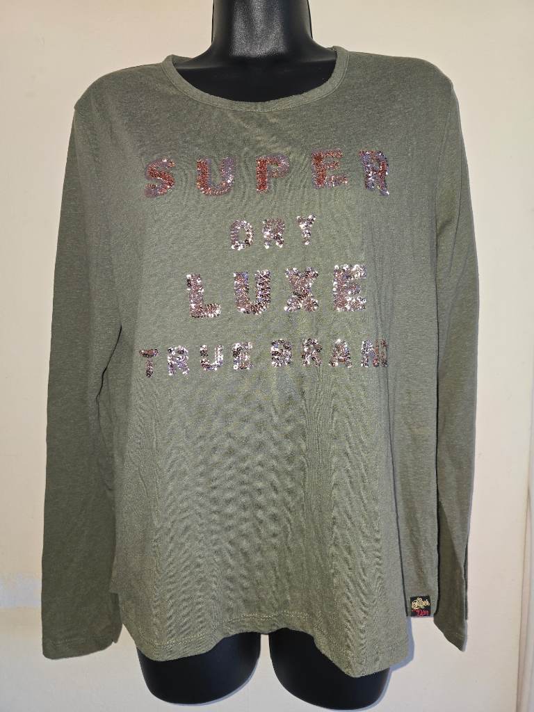 Superdry long sleeved t-shirt.  Size 14. Khaki with gold wording