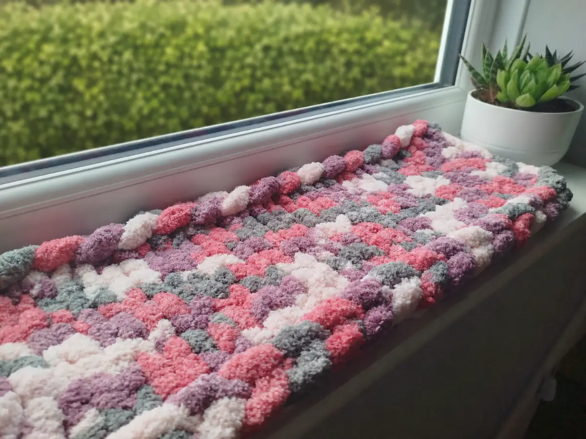 Cat windowsill mat blanket hand-knitted chunky chenille 60x22cm