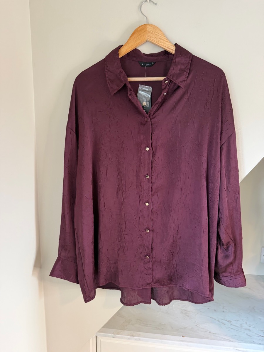 Matalan Et Vous Burgundy Plum Satin Gold Button Shirt Blouse Size XL 16-18 New