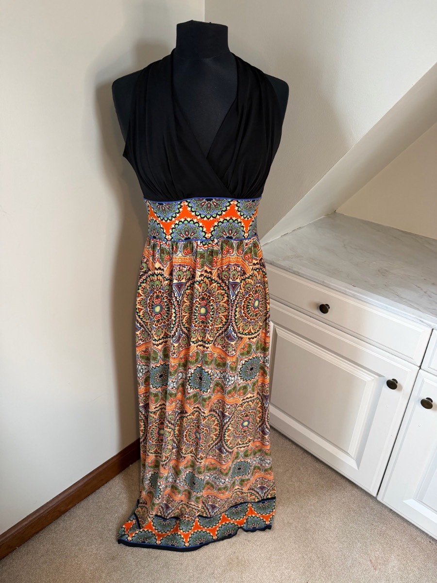 Wallis Boho Multi Colour Paisley Tribal Print Maxi Dress Black Halter Neck Summer Holiday Size 10