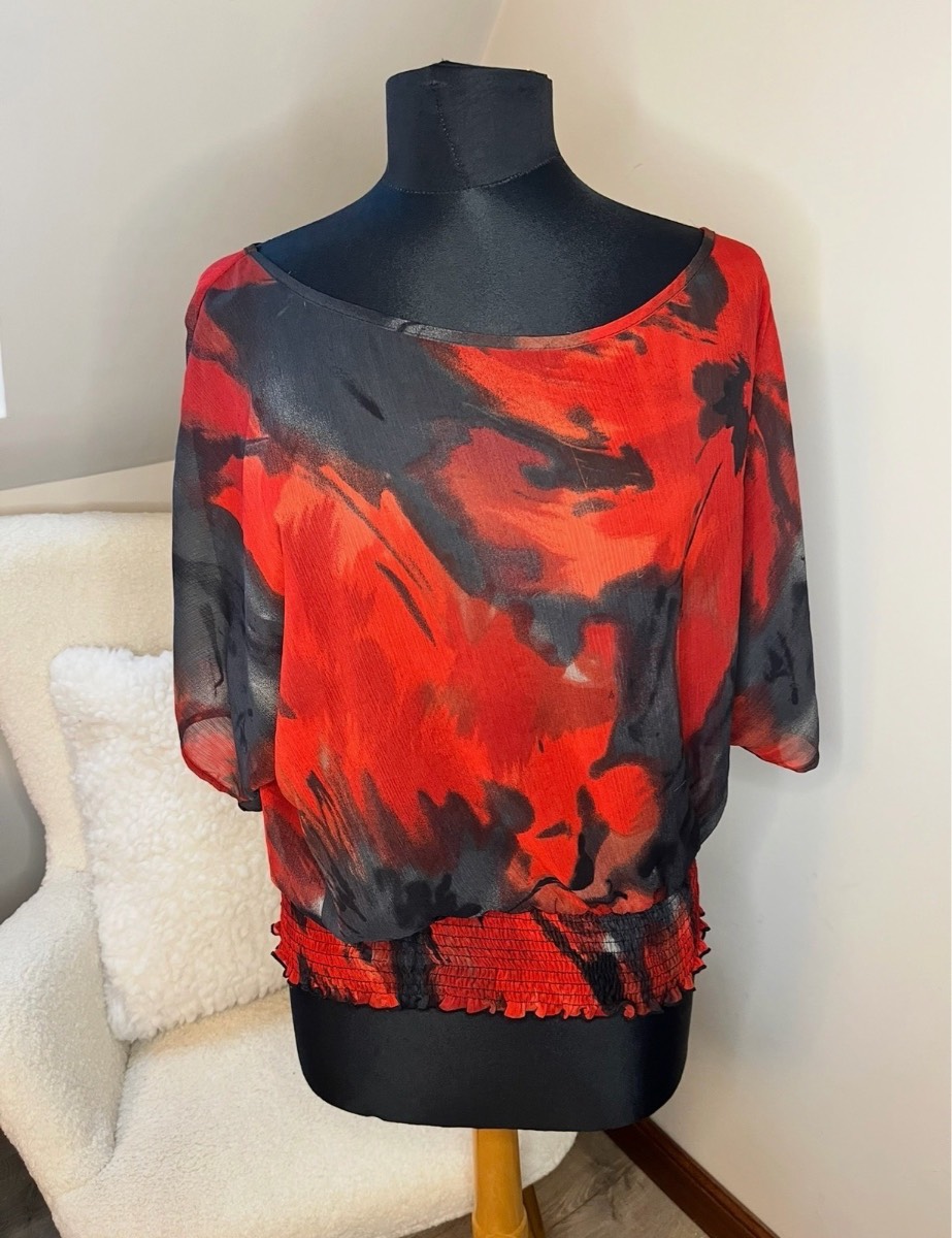 Et Vous Red Black Sheer Blouse Top Floral Detail Size 12 Excellent Condition