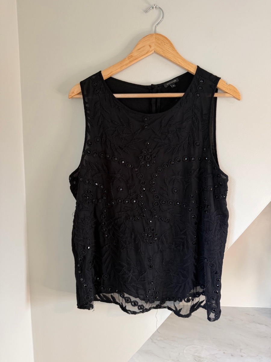River Island y2k Vintage Black Lace Embellished Vest Cami Blouse Top Button Size 16 Viscose Cotton