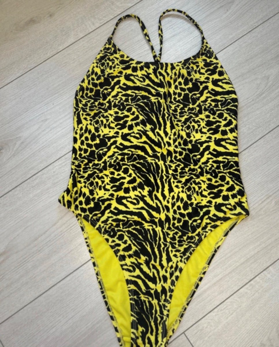 Primark Yellow Animal Print High Leg Swimsuit UK 10 Black Leopard Beach Holiday