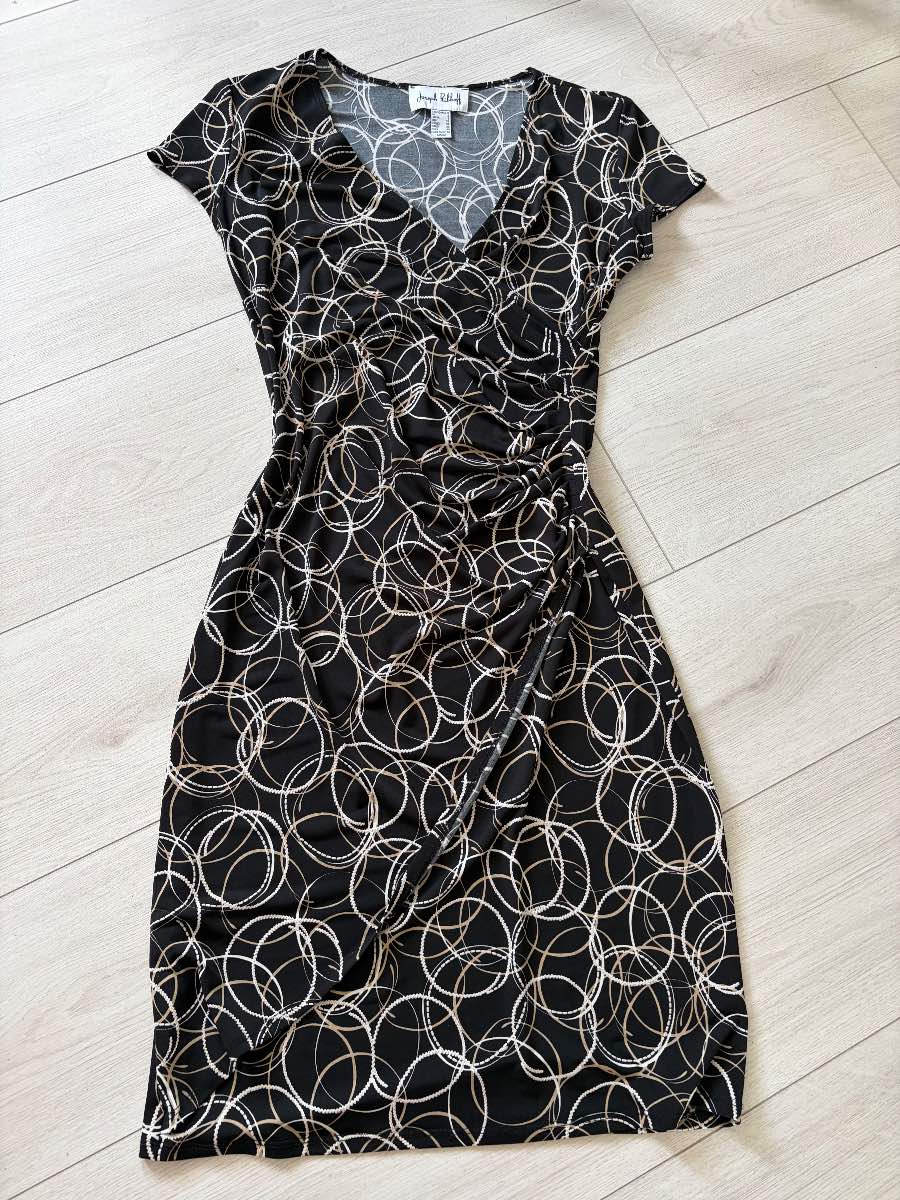 Joseph Ribkoff Designer Vintage Y2K Black & Gold Slinky Wrap Mini Dress Size 8 Occassion Wedding