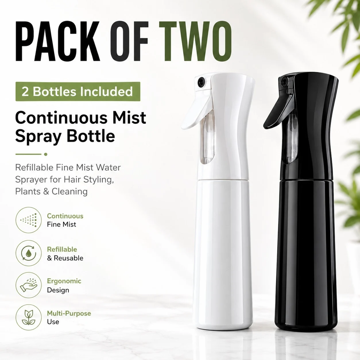 2 Pack Continuous Mist Spray Bottles – Black & White Refillable Sprayers