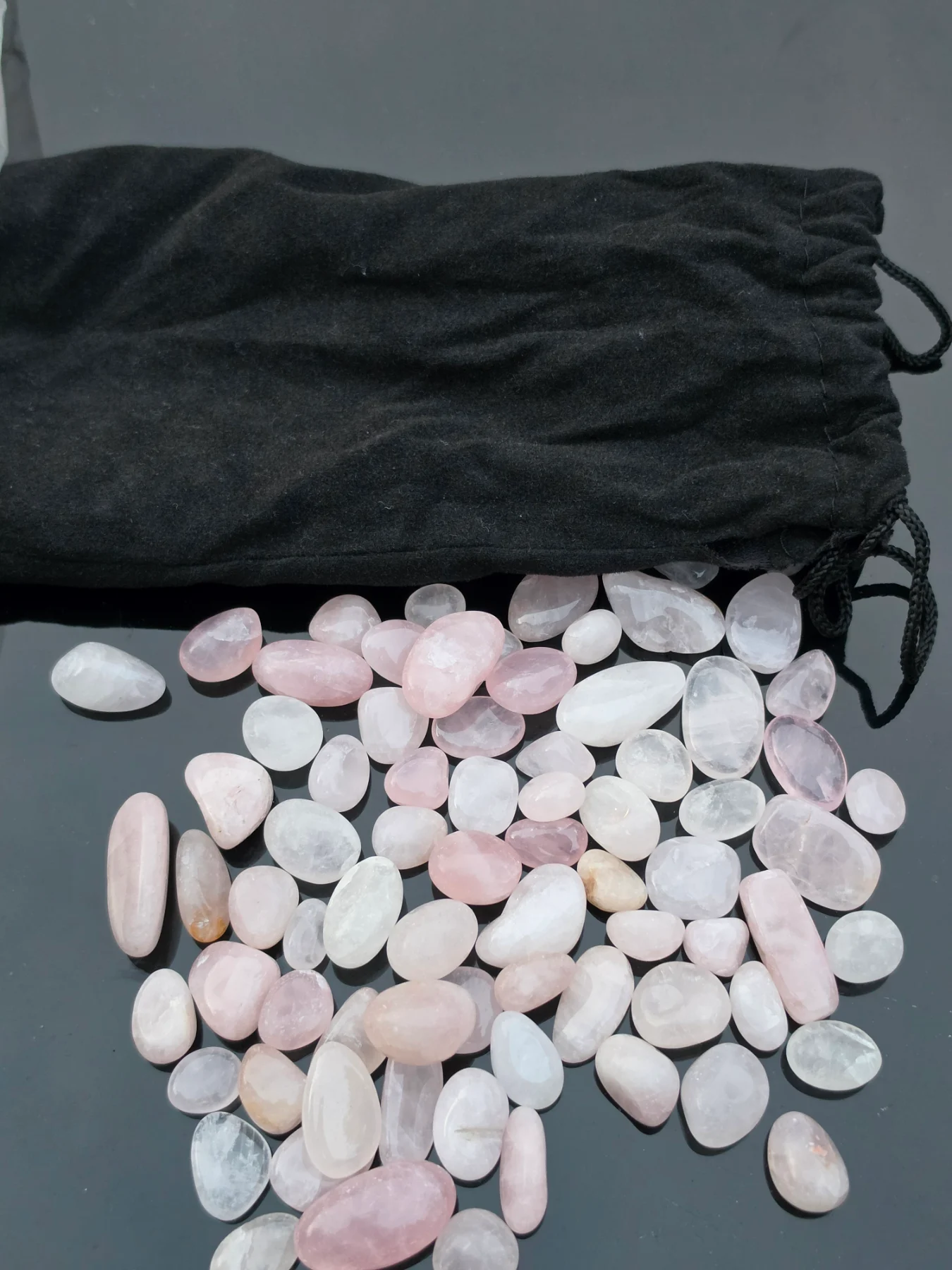Polished Rose Quartz Tumbled Stones with Black Drawstring Bag