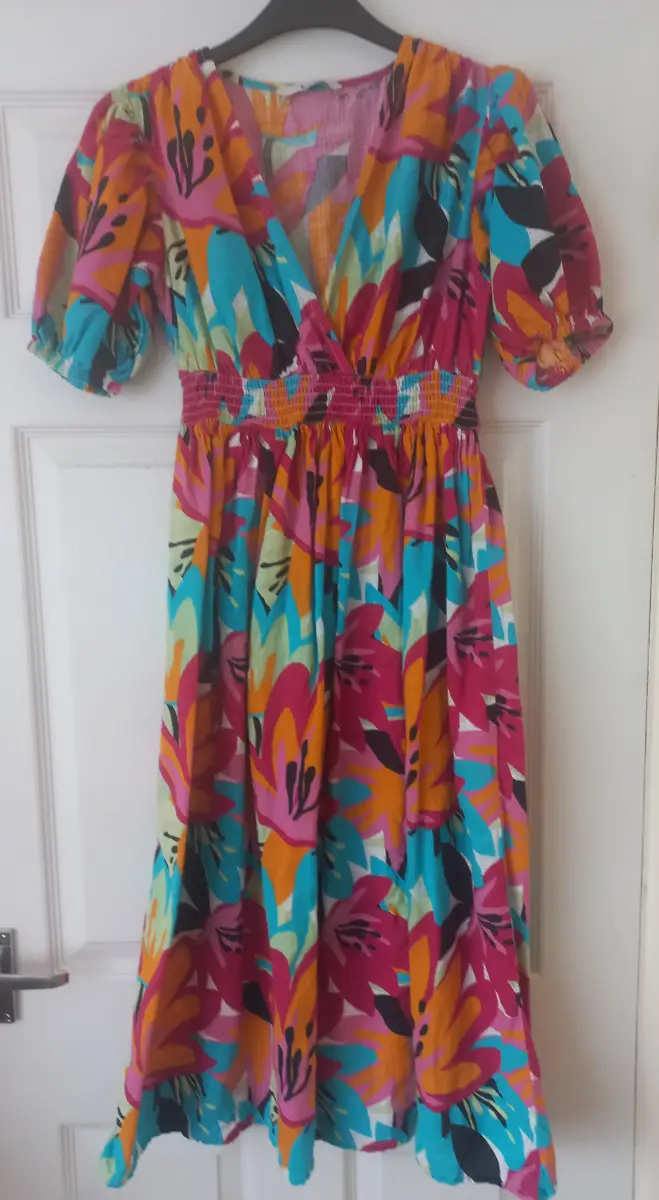 Tropical Floral Midi Summer Dress With Puff Sleeves