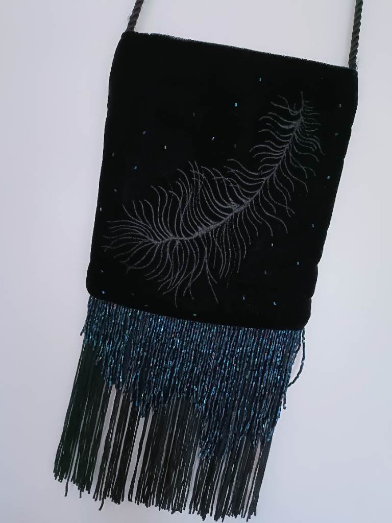 Laura Ashley Vintage Black Velvet Evening Shoulder Bag Beaded Fringe Feather
