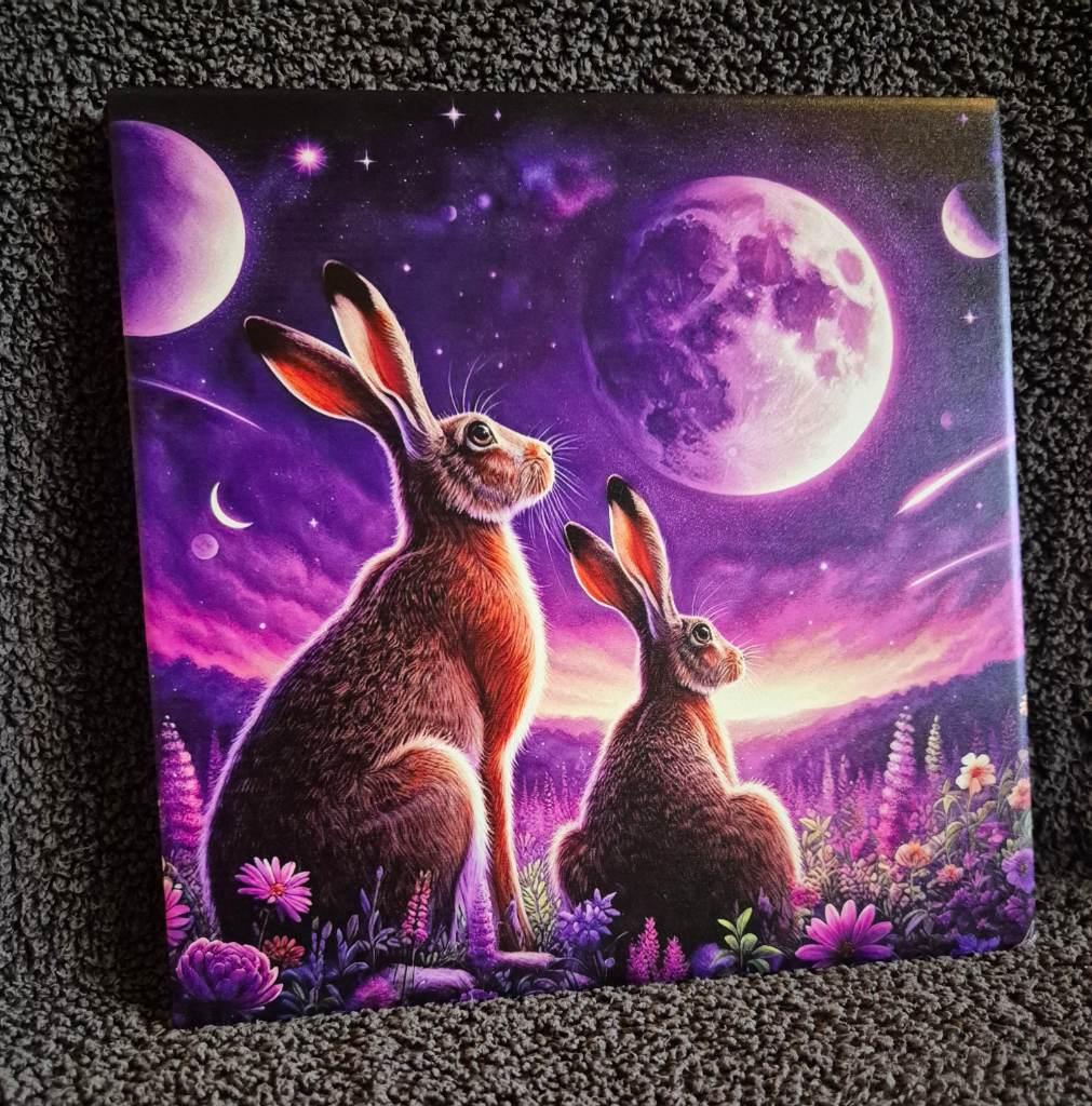 GAZING HARES 8X8 CERAMIC TILE (purple)