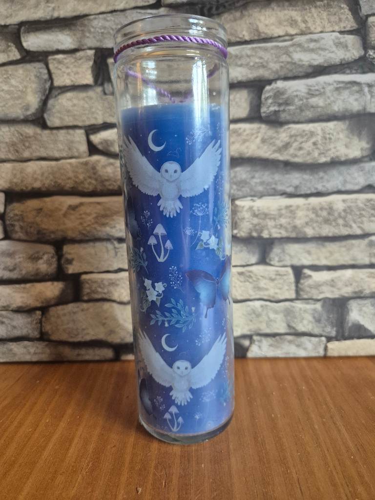 Owl Tall Candle Blue