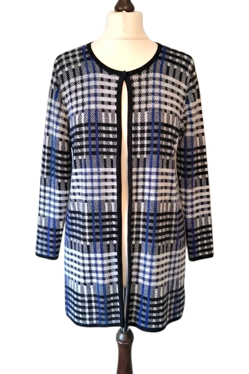 Black White Royal Blue Plaid Longline Knit Autumn Cardigan Size L