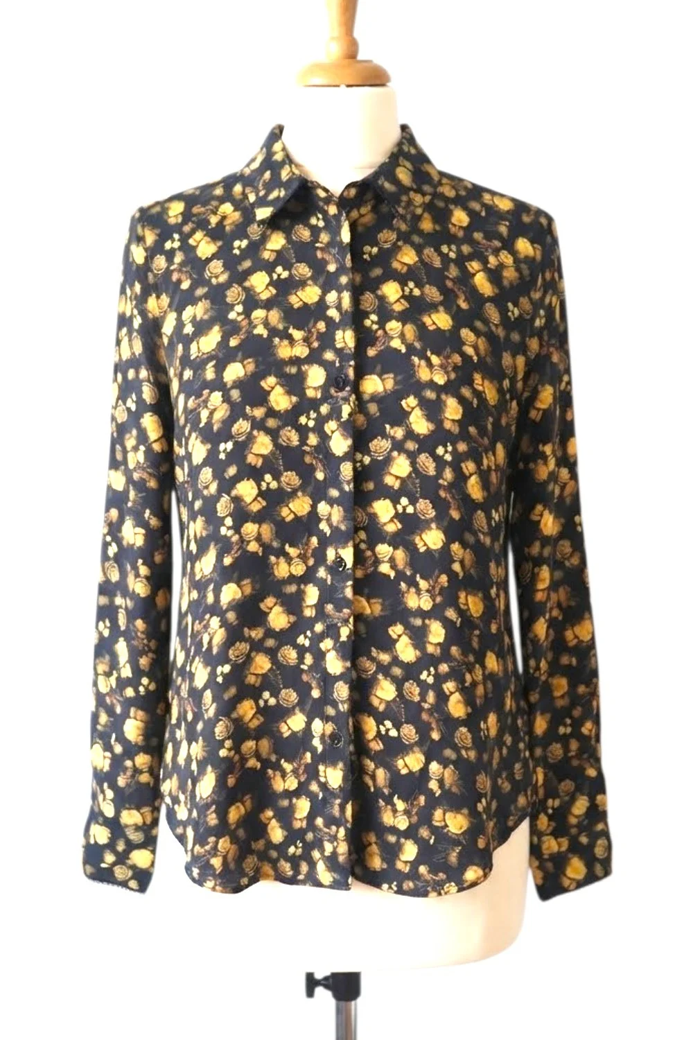 Tommy Hilfiger Black & Gold Yellow Floral Rose Autumn Feminine Long Sleeve Cottagecore Shirt Size 12