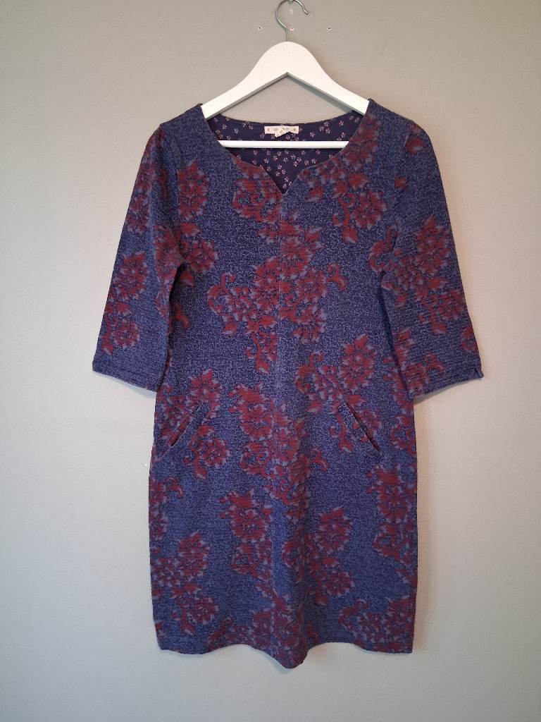 White Stuff Purple Floral Textured Jersey Jumper Casual Country Cottage Shift Dress UK 12