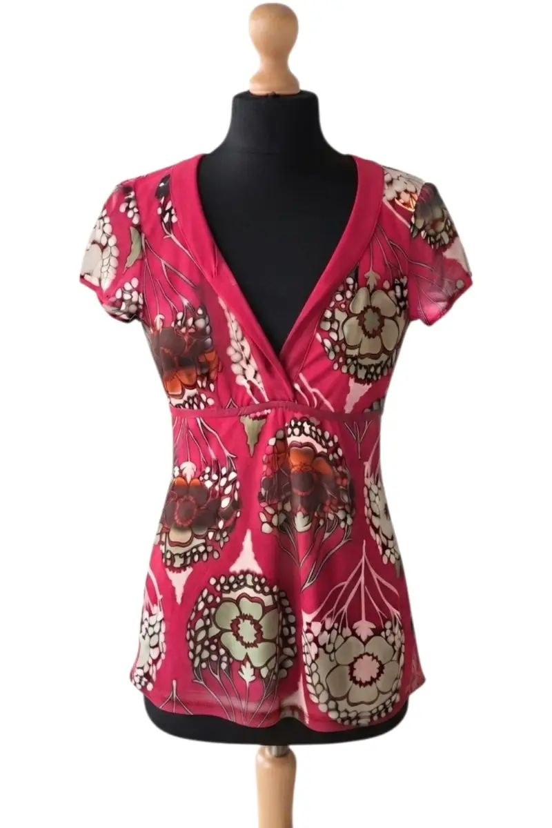Y2K V-Neck Tie Back Vibrant Botanical Pink Green & Orange Folk Festival Boho Print Mesh Top Size 10