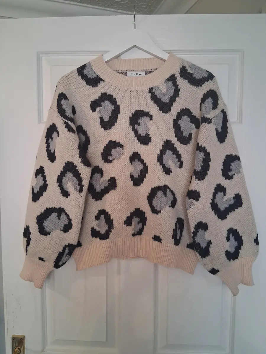 Wild Flower Leopard Print Oversized Knit Cosy Casual Jumper Beige Grey Black Size 12 14