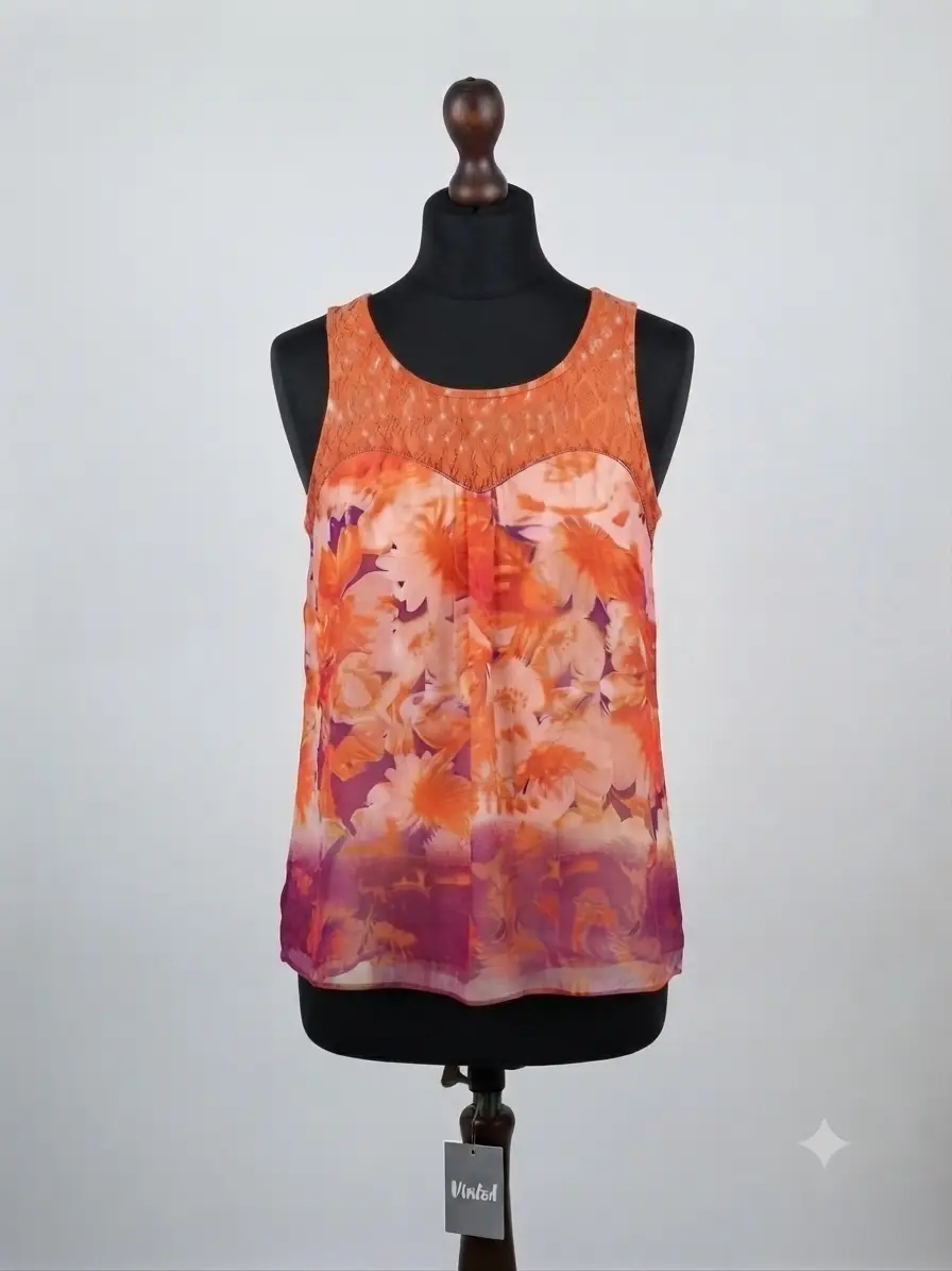 Next Vibrant Orange Pink Purple Flowy Lace Detail Summer Colourpop Dopamine Blouse Vest Top Size S