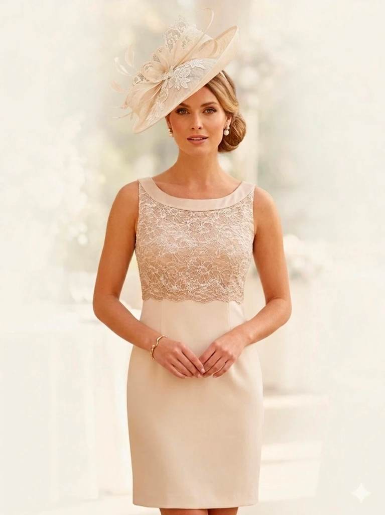 Gina Bacconi Champagne Cream Lace Pencil Dress Wedding Mother of Bride Ascot | Size 12