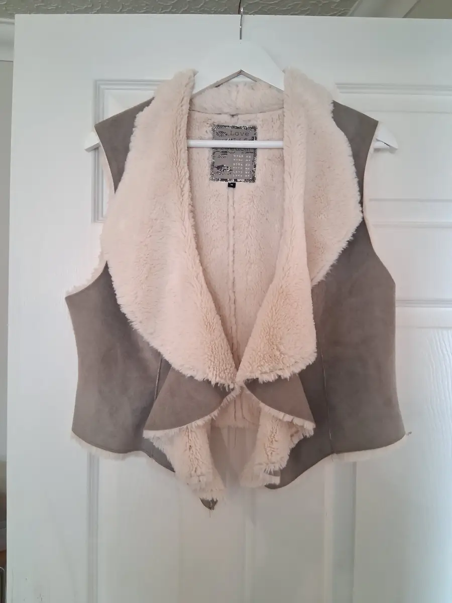 Y2K Old Label New Look 00s Taupe Grey Faux Suede Waterfall Draped Gillet Jacket