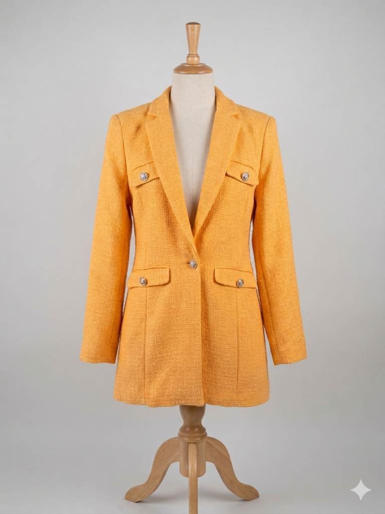 River Island Bright Mustard Tweed Blazer Textured Longline Jacket Size 8