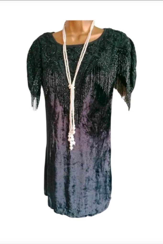 River Island Velvet Embellished Tassel Beaded 1920s Gatsby Flapper Cocktail Mini Dress | Size 14