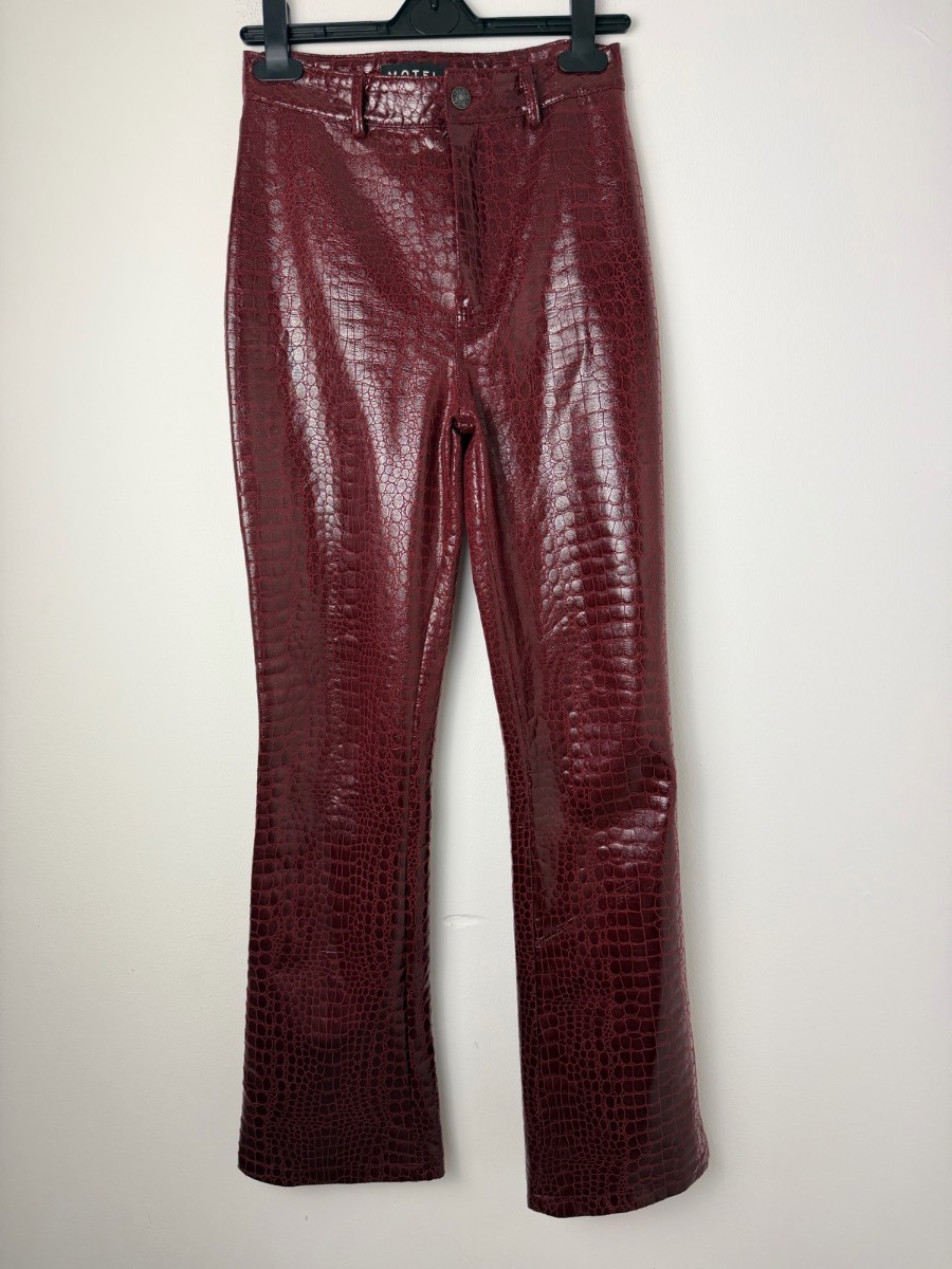 Motel Burgundy Croc Faux Leather Flared Trousers Y2K XS Bootcut Glossy Vegan
