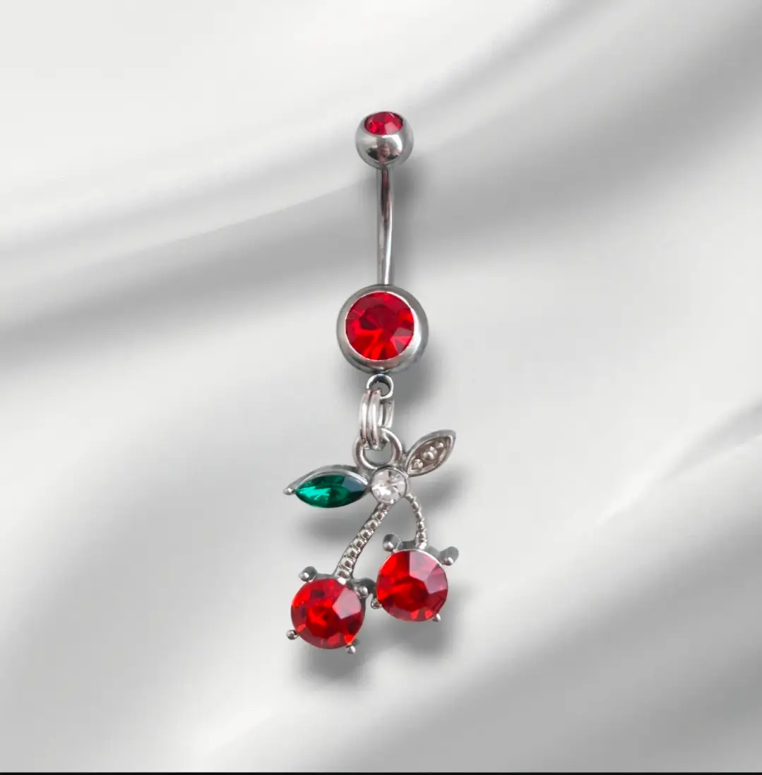 Silver/Red Surgical Steel CZ Crystal Y2k Cherry Dangle Navel Jewellery Bar.