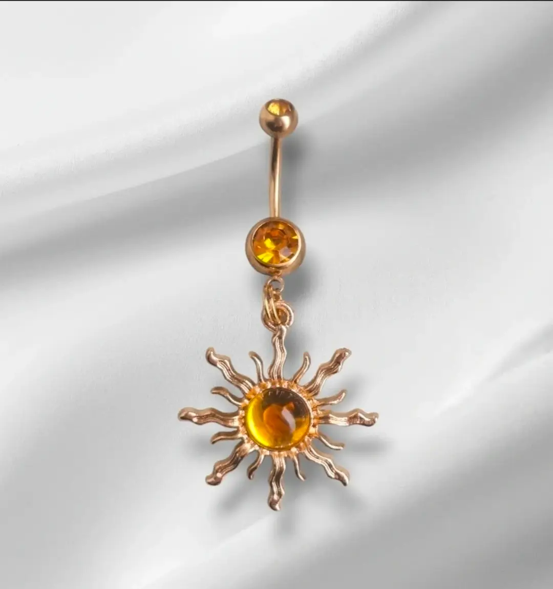 Gold Surgical Steel CZ Crystal Moonzstone Sun Celestial Dangle Navel Jewellery Bar
