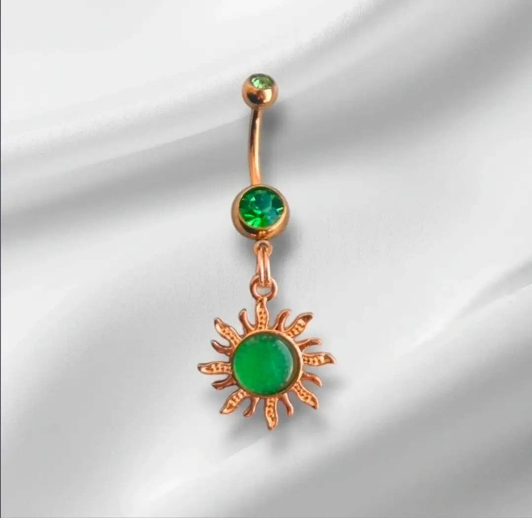 Gold/Green Surgical Steel CZ Crystal Sun Dangle Navel Jewellery Bar