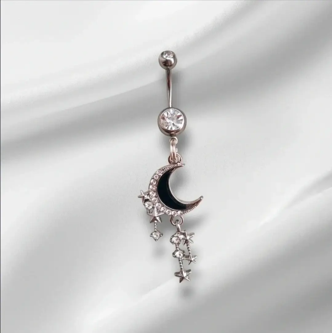 Silver/Black Surgical Steel CZ Crystal Moon & Stars Celestial Dangle Navel Jewellery Bar