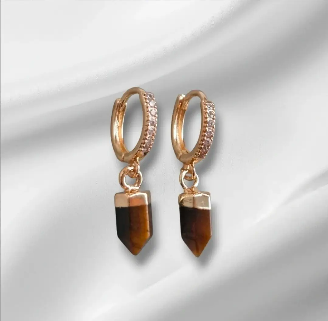 Gold Inlaid Cubic Zirconia Tigers Eye Hexagon Bullet Boho Huggie Hoop Earrings