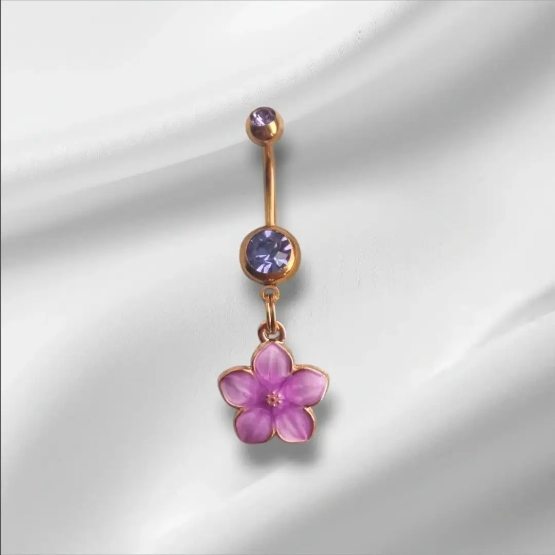 Gold/Lilac Surgical Steel CZ Crystal Korean Flower Dangle Navel Jewellery Bar
