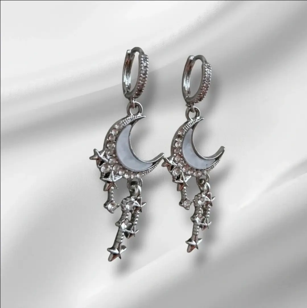 Silver Inlaid Cubic Zirconia Moon & Stars Celestial Huggie Hoop Earrings