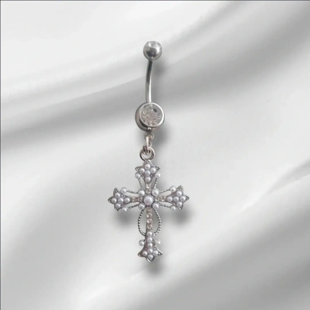 Silver Surgical Steel CZ Crystal Pearl Cross Dangle Navel Jewellery Bar