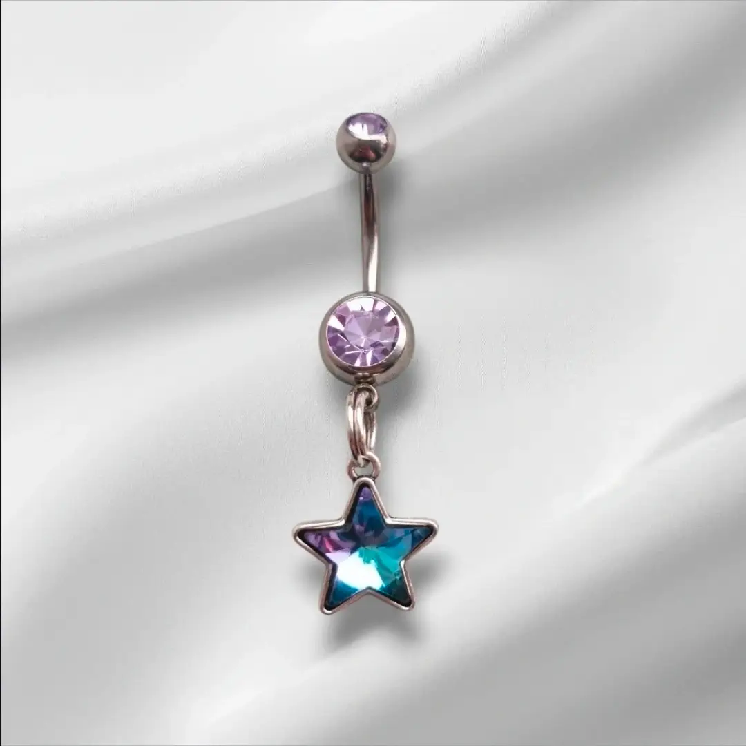 Silver/Lilac Surgical Steel CZ Crystal Iridescent Star Dangle Navel Jewellery Belly Bar