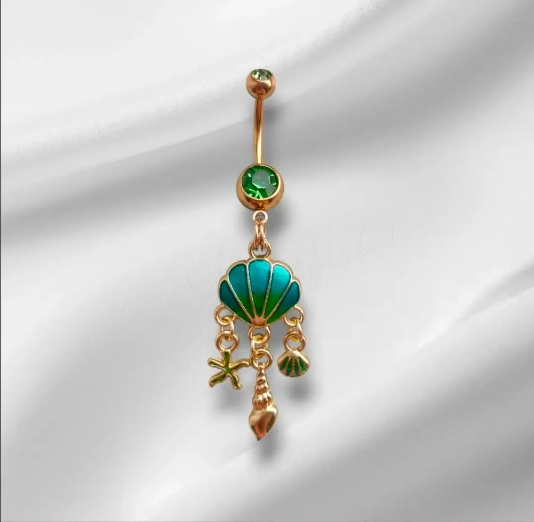 Gold/Green Surgical Steel CZ Crystal SeaShell Dangle Navel Jewellery Belly Bar