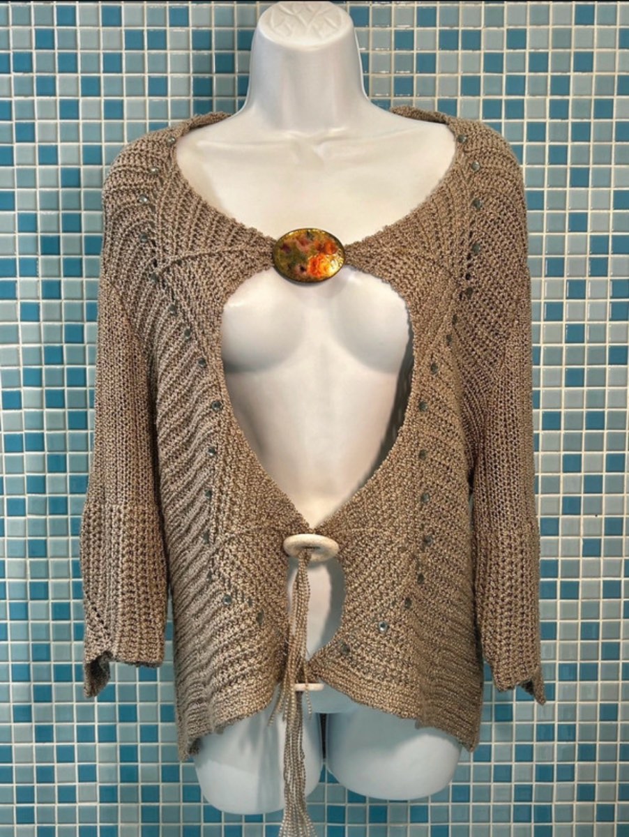 Vintage Brown Abstract Cutout Flowy Crochet Knit Cardigan