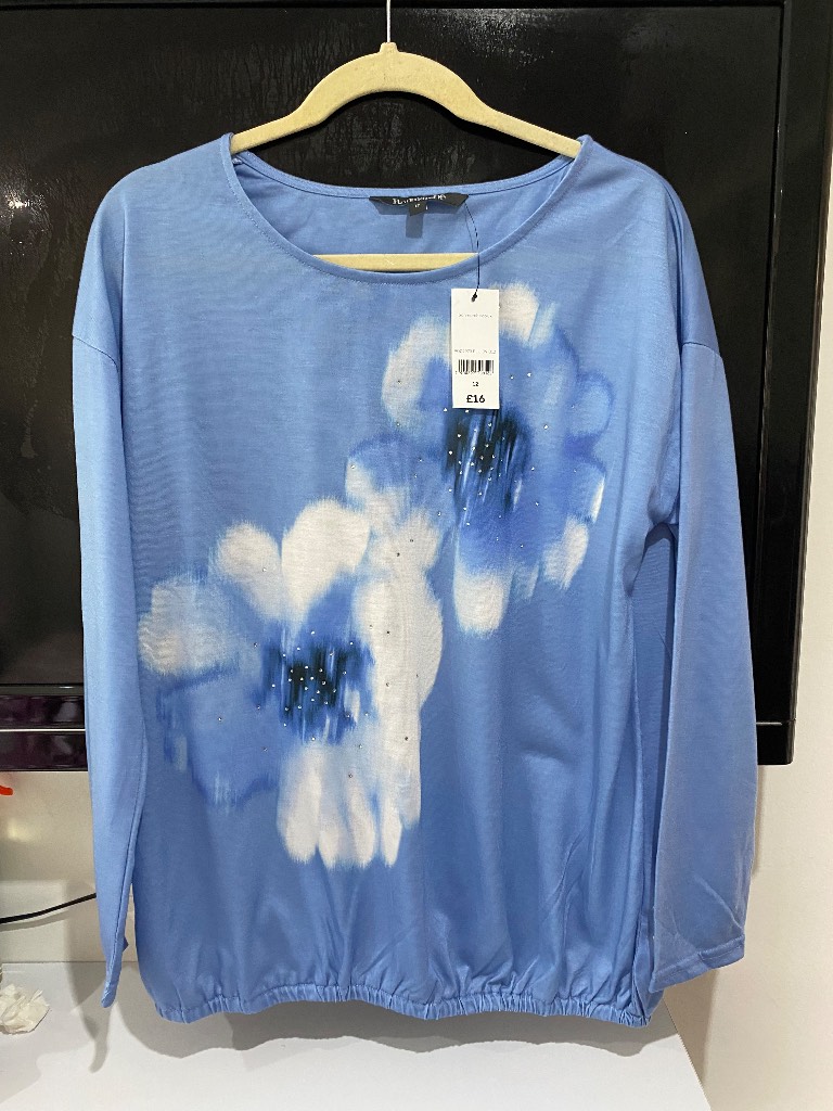 BNWT Bonmarché Blue Floral Embellished Long Sleeve Top - Size 12