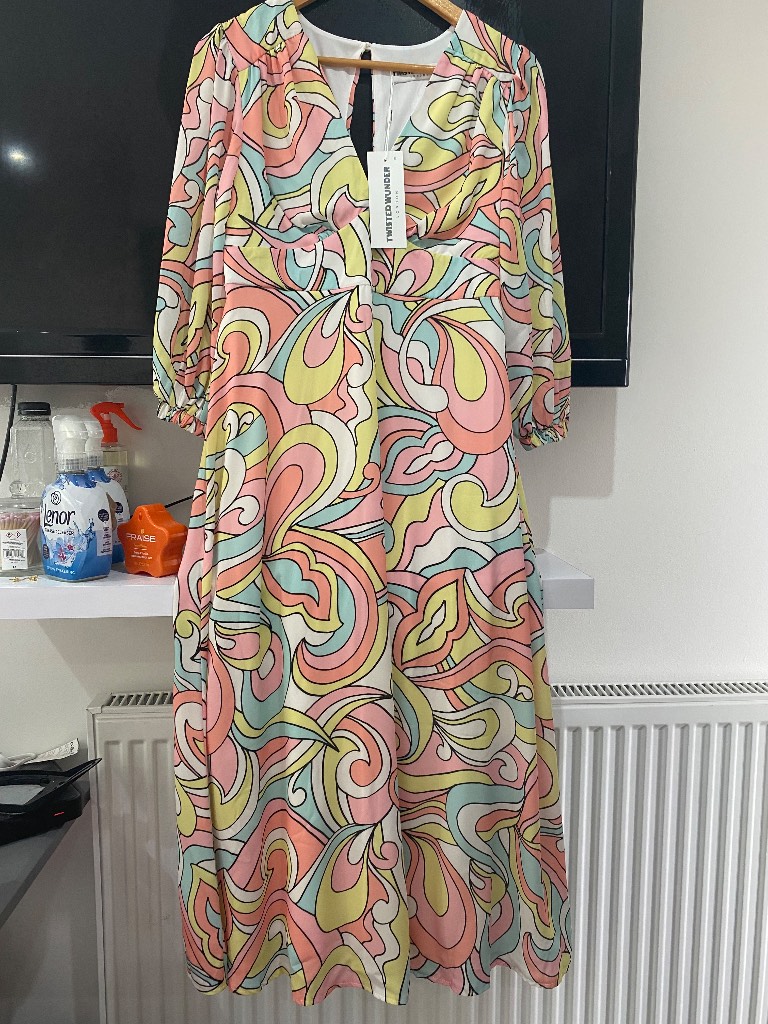 Twisted Wunder Pastel pink blue yellow Swirl  Midi Dress Balloon Sleeve Size 8 with tags